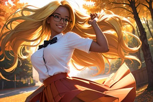 (best quality, masterpiece, perfect face, beautiful and aesthetic:1.2, colorful, dynamic angle, highest detailed face), (beautiful detailed breasts, topless, exposed breasts), 1girl, long straight blonde hair, big glasses, black rimmed glasses, happy smile,(wind blow up skirt, holding skirt up, no underwear, no panties), , micro mini pleated skirt, sunset, fall colors, beautiful trees, nature, flowers, windy, hair flowing in the wind, sun shinning through hair, high contrast, (official art, extreme detailed, highest detailed, natural skin texture, hyperrealism, soft light, sharp, perfect face)

