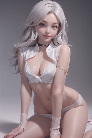 smiling, gray eye color, 2girls, pov, naked, choker, heavy black eyeliner, medium perky firm breasts, white sheer skimpy top tied in front barely covering breasts, extremely detailed, masterpiece, best quality, 

