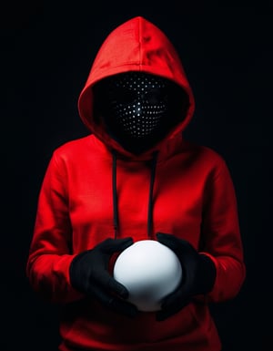 very dark abstract portrait, red hoodie, polka dots, faceless mask, spherical objects, black gloves, conceptual art, high contrast, black background, mysterious figure, fashion photography, striking visual, minimal color palette