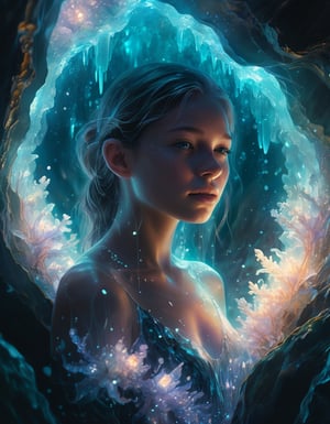 ultra-detailed half body photo of a young women merging with the bioluminescent environment, inside a sparkling blooming overgrown geode, waterfal, misty, she ral-dissolve into particles, waving gossamer crystals made of ral-crztlgls, she glows with an ethereal radiance, deep state of bliss, dreamlike scenery, best quality
