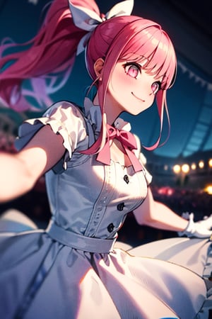 {masterpiece}, illustration, high quality, beautiful detailed eyes, beautiful detailed, dramatic light, hot pink hair, ponytail, silver hair ribbon, cowboy shot, pink eyes, smile, Lighting, blush, detailed eyes, idol, beautiful detailed sky, white dress, concert hall, white gloves, {{pink skirt}}, short sleeves, white dress, white Frill, Eye highlights, dramatic angle, pink ribbon