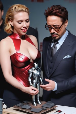 Scarlet Johansson and Robert Downey Jr building an scale iron man model, scarlett johansson,photo r3al