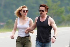 Robert Downey Jr and Scarlett Johansson deeply in love having a nice walk,photo r3al