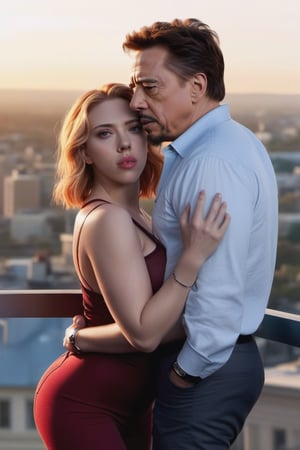 Tony Stark y una sensual Natsaha Romanoff (Scarlet Johansson) observando el atardecer desde el balcón de su mansión. Toma panorámica,photo r3al,scarlett johansson