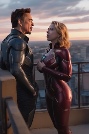 Tony Stark y Natsaha Romanoff (Scarlet Johansson) observando el atardecer desde el balcón de su mansión. Toma panorámica,photo r3al