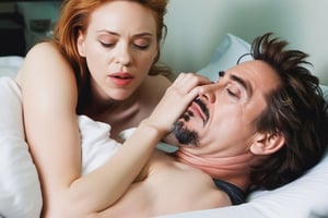 Robert Downey Jr with Scarlett Johansson, sleeping exhausted in bed after making love.