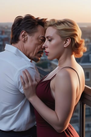 Tony Stark y una sensual Natsaha Romanoff (Scarlet Johansson) observando el atardecer desde el balcón de su mansión. Toma panorámica,photo r3al,scarlett johansson