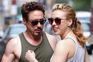 Robert Downey Jr and Scarlett Johansson deeply in love having a nice walk,photo r3al