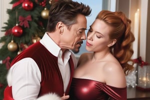 Tony Stark (Robert Downey Jr.) vestido de Santa Claus y la sensual Natasha Romanoff (Scarlet Johansson) felices y enamorados en la sala decoraada para Navidad. hiperrealista, tetona, nalgona, piernuda, caliente,photo r3al,scarlett johansson