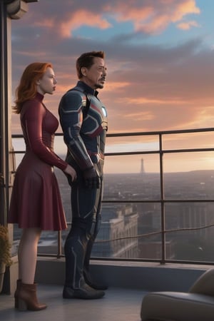 Tony Stark y Natsaha Romanoff (Scarlet Johansson) observando el atardecer desde el balcón de su mansión. Toma panorámica,photo r3al