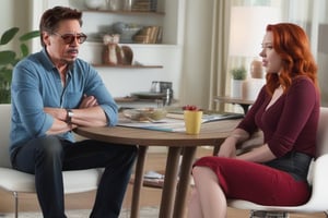 Tony Stark and Natasha Romanoff (Scarlet Johansson) at home talking about the future with hope, scarlett johansson, full body,scarlett johansson,photo r3al, 