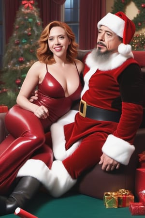 Tony Stark (Robert Downey Jr.) vestido de Santa Claus y la sensual Natasha Romanoff (Scarlet Johansson) felices y enamorados en la sala decoraada para Navidad. hiperrealista, tetona, nalgona, piernuda, caliente,photo r3al,scarlett johansson
