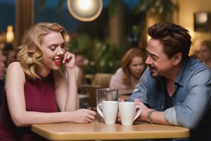 Scarlet Johansson and Robert Downey Jr in a cafe at night