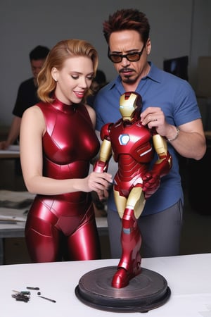 Scarlet Johansson and Robert Downey Jr building an scale iron man model, scarlett johansson,photo r3al