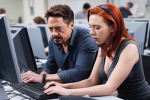 Tony Stark  working with Natasha Romanoff (Scarlet Johansson) in a computer working on AI