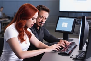 Tony Stark  working with Natasha Romanoff (Scarlet Johansson) in a computer working on AI