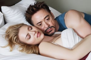 Robert Downey Jr with Scarlett Johansson, sleeping exhausted in bed after making love.