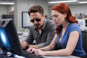 Tony Stark  working with Natasha Romanoff (Scarlet Johansson) in a computer working on AI