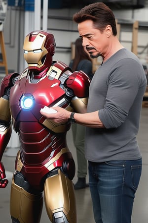 Tony Stark working with Natasha Romanoff  testing an Iron Man armour