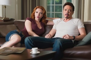 Tony Stark and Natasha Romanoff (Scarlet Johansson) watching tv at home, scarlett johansson, full body,scarlett johansson,photo r3al, 