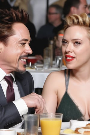 Robert Downey Jr and Scarlett Johansson deeply in love having a nice breakfast,photo r3al