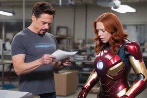 Tony Stark  working with Natasha Romanoff (Scarlet Johansson) testing an Iron Man armour