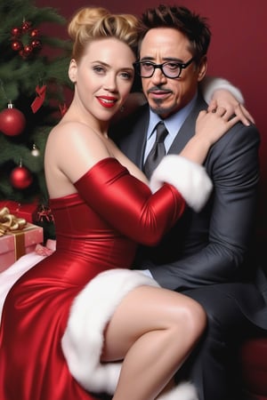 Robert Downey Jr. vestido de Santa Claus y la sensual Scarlet Johansson felices y enamorados en la sala con un arbol de navidad al fondo. hiperrealista, tetona, nalgona, piernuda, caliente,photo r3al,scarlett johansson