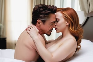 Tony Stark (Robert Downey Jr.) making love to Natasha Romanoff (Scarlett Johansson) on bed. Full body,photo r3al