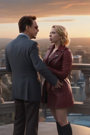 Tony Stark y Natsaha Romanoff (Scarlet Johansson) observando el atardecer desde el balcón de su mansión. Toma panorámica,photo r3al