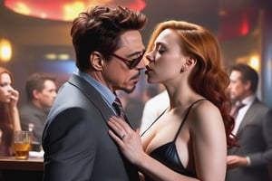 Tony Stark /Robert Downey Jr.) kissing beautiful Natasha Romanoff (Scarlett Johansson) in strip club. Full body,photo r3al