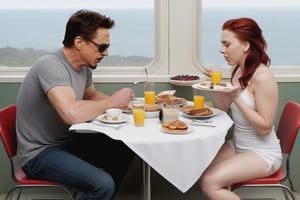 Tony Stark and Natasha Romanoff (Scarlet Johansson) having a nice breakfast, scarlett johansson, full body,scarlett johansson,photo r3al, 