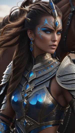 A fierce supermodel, adorned in intricate armor, rides atop a majestic horse with a gleaming sword in hand. Her piercing blue eyes and bold face paint add to her commanding presence. Rendered in stunning 8K UHD, this studio photograph captures every detail of her powerful stance.