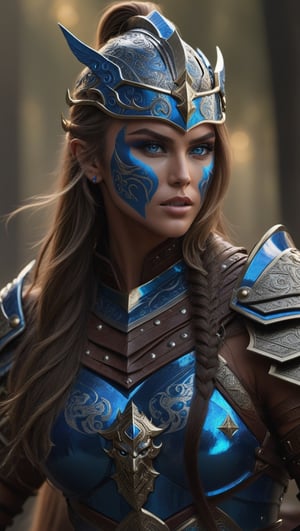 A fierce supermodel, adorned in intricate armor, rides atop a majestic horse with a gleaming sword in hand. Her piercing blue eyes and bold face paint add to her commanding presence. Rendered in stunning 8K UHD, this studio photograph captures every detail of her powerful stance.