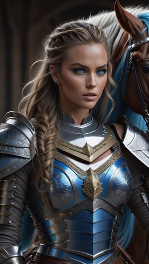 A fierce supermodel, adorned in intricate armor, rides atop a majestic horse with a gleaming sword in hand. Her piercing blue eyes and bold face paint add to her commanding presence. Rendered in stunning 8K UHD, this studio photograph captures every detail of her powerful stance.