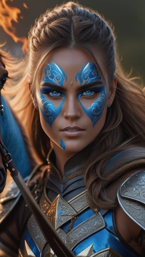 A fierce supermodel, adorned in intricate armor, rides atop a majestic horse with a gleaming sword in hand. Her piercing blue eyes and bold face paint add to her commanding presence. Rendered in stunning 8K UHD, this studio photograph captures every detail of her powerful stance.