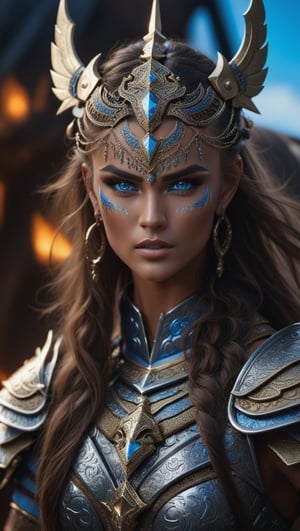 A fierce supermodel, adorned in intricate armor, rides atop a majestic horse with a gleaming sword in hand. Her piercing blue eyes and bold face paint add to her commanding presence. Rendered in stunning 8K UHD, this studio photograph captures every detail of her powerful stance.