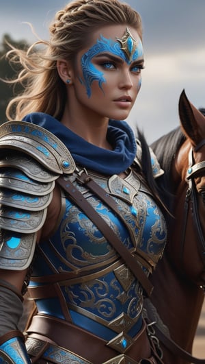 A fierce supermodel, adorned in intricate armor, rides atop a majestic horse with a gleaming sword in hand. Her piercing blue eyes and bold face paint add to her commanding presence. Rendered in stunning 8K UHD, this studio photograph captures every detail of her powerful stance.