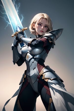 tear halibel(armor), short blonde hair, (hailoknight, Solo, 1girl, holding giant white energy sword infront of her, holding sword:1.3), (simple glowing background:1.25), masterpiece, best quality, wide-angle, Hyperdetailed, masterpiece, best quality, 8k, natural lighting, soft lighting, sunlight, HDR (High Dynamic Range), Maximum Clarity And Sharpness, Multi-Layered Textures