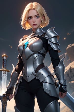 tear halibel(armor), short blonde hair, (hailoknight, Solo, 1girl, holding giant white energy sword infront of her, holding sword:1.3), (simple glowing background:1.25), masterpiece, best quality, wide-angle, Hyperdetailed, masterpiece, best quality, 8k, natural lighting, soft lighting, sunlight, HDR (High Dynamic Range), Maximum Clarity And Sharpness, Multi-Layered Textures