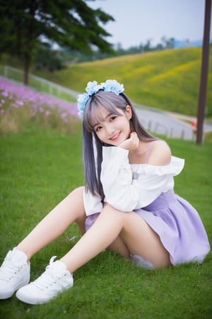 (1 girl:1.5, loli:1.3,cute girl:1.2, cos:1.2, teen girl, moe) Kindergarten,double bun,gray gradient hair,air bangs,double braids,(smiling:1.2),latex,jitome,border,Altostratus,(Sky:1.2),(Colorful Cloud:1.8) Landscape,Outdoor,Solo,Long Hair,Trees,Flowers,Skirt,Sitting,Shoes,(Grass: 2) (Dew:1.1),Buildings,spectators,signs,long sleeves,power poles,Landscape,sports shoes,open clothes,purple flowers,collarbone,off shoulder,Red flowers,roads,white shoes,wires,(Yellow flowers, pink flowers, white flowers:1.5),