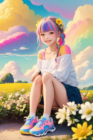 (1 girl:1.5, loli:1.3,cute girl:1.2, cos:1.2, teen girl, moe) Kindergarten,double bun,gray gradient hair,air bangs,double braids,(smiling:1.2),latex,jitome,border,Altostratus,(Sky:1.2),(Colorful Cloud:1.8) Landscape,Outdoor,Solo,Long Hair,Trees,Flowers,Skirt,Sitting,Shoes,(Grass: 2) (Dew:1.1),Buildings,spectators,signs,long sleeves,power poles,Landscape,sports shoes,open clothes,purple flowers,collarbone,off shoulder,Red flowers,roads,white shoes,wires,(Yellow flowers, pink flowers, white flowers:1.5),