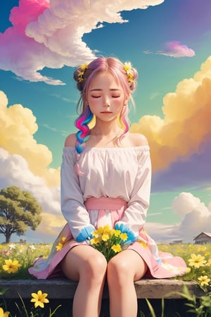 (1 girl:1.5) Kindergarten,double bun,gray gradient hair,air bangs,double braids,(empty eyes:1.7),latex,jitome,border,Altostratus,(Sky:1.2),(Colorful Cloud:1.8) Landscape,Outdoor,Solo,Long Hair,Trees,Flowers,Skirt,Sitting,Shoes,(Grass: 2) (Dew:1.1),Buildings,spectators,signs,long sleeves,power poles,Landscape,sports shoes,open clothes,purple flowers,collarbone,off shoulder,Red flowers,roads,white shoes,wires,(Yellow flowers, pink flowers, white flowers:1.5),