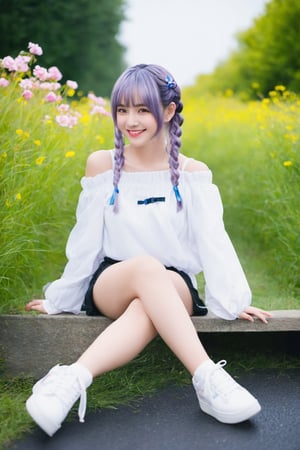 (1 girl:1.5, loli:1.3,cute girl:1.2, cos:1.2, teen girl, moe) Kindergarten,double bun,gray gradient hair,air bangs,double braids,(smiling:1.2),latex,jitome,border,Altostratus,(Sky:1.2),(Colorful Cloud:1.8) Landscape,Outdoor,Solo,Long Hair,Trees,Flowers,Skirt,Sitting,Shoes,(Grass: 2) (Dew:1.1),Buildings,spectators,signs,long sleeves,power poles,Landscape,sports shoes,open clothes,purple flowers,collarbone,off shoulder,Red flowers,roads,white shoes,wires,(Yellow flowers, pink flowers, white flowers:1.5),