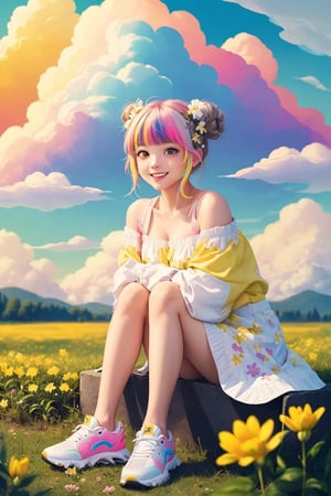 (1 girl:1.5, loli:1.3,cute girl:1.2, cos:1.2, teen girl, moe) Kindergarten,double bun,gray gradient hair,air bangs,double braids,(smiling:1.2),latex,jitome,border,Altostratus,(Sky:1.2),(Colorful Cloud:1.8) Landscape,Outdoor,Solo,Long Hair,Trees,Flowers,Skirt,Sitting,Shoes,(Grass: 2) (Dew:1.1),Buildings,spectators,signs,long sleeves,power poles,Landscape,sports shoes,open clothes,purple flowers,collarbone,off shoulder,Red flowers,roads,white shoes,wires,(Yellow flowers, pink flowers, white flowers:1.5),