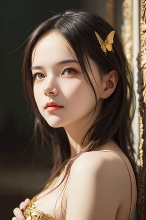 8k portrait of beautiful cyborg with brown hair,((1girl, loli:1.3, cute girl:1.2,cos,moe)), intricate, elegant, highly detailed, majestic, digital photography, art by artgerm and ruan jia and greg rutkowski surreal painting gold butterfly filigree, broken glass, (masterpiece, sidelighting, finely detailed beautiful eyes: 1.2), hdr,