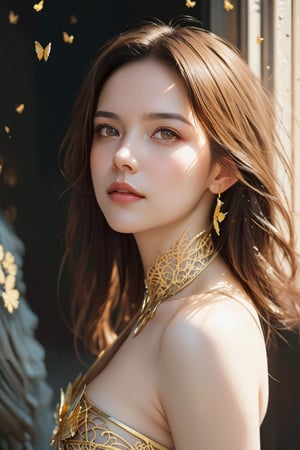 8k portrait of beautiful cyborg with brown hair, intricate, elegant, highly detailed, majestic, digital photography, art by artgerm and ruan jia and greg rutkowski surreal painting gold butterfly filigree, broken glass, (masterpiece, sidelighting, finely detailed beautiful eyes: 1.2), hdr,