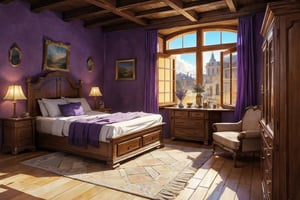 masterpiece,best quality,ultra-detailed,High detailed,A fantasy tavern,the bed is freshly made,lavender flower,tub of water,armor rack,a chest and pot under the bed,closet,windowlook over a townsquare with a fountain and cobblestones,