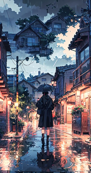 1girl, solo, holding, standing, outdoors, from behind, night, umbrella, ground vehicle, building, scenery, motor vehicle, reflection, rain, holding umbrella, city, sign, car, road, lamppost, street, traffic light, crosswalk, real world location, vanishing point,pastelbg,ninjascroll
