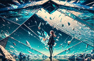 (abstract background1.2), ((1girl)), beautiful, (masterpiece:1.2), (best quality:1.2 , ultra detailed ,8K ,floating glass shards , reflections, broken glass, cracked reality, mirror world