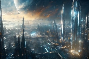 A city made of silvery metals in galaxy, 4K, reaistic, ultra-detailed, cinematic lighting